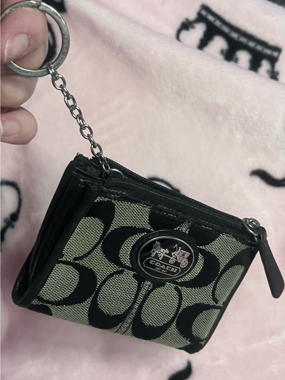 Coach keychain Black & Khaki Signature Mini ID pouch